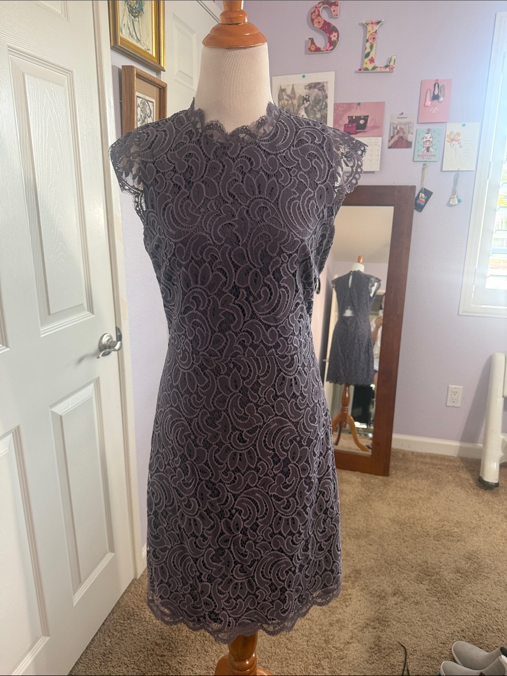 Xhilaration Women Purple Lace Midi Dress with Scalloped Edges Size Medium
